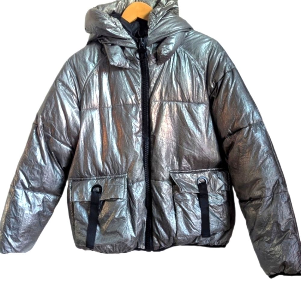 LAUREN VIDAL Silver Cropped Lagenlook Oversized Puffer Jacket Size Extra-Small
